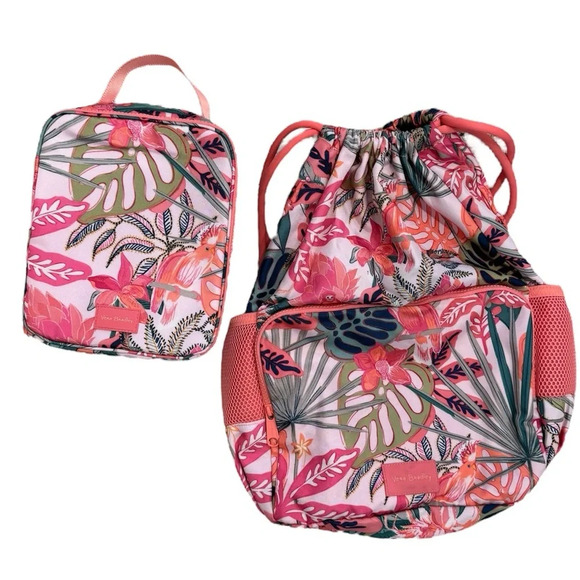 NWOT Vera Bradley Lunch Box and Draw String Backpack SET in Coral Pink Tropical - Picture 1 of 13